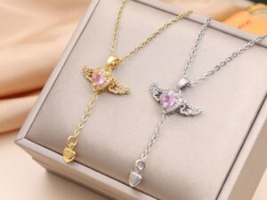 Moving Cupid Heart Angel Wings Tassel Necklace With Crystal Clavicle Chain Women Jewelry Gift Valentine's Day